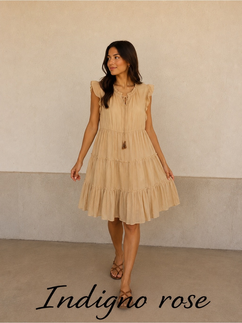 Indigno Rose Women's Cream Tiered Mini Dress with Tassel Tie